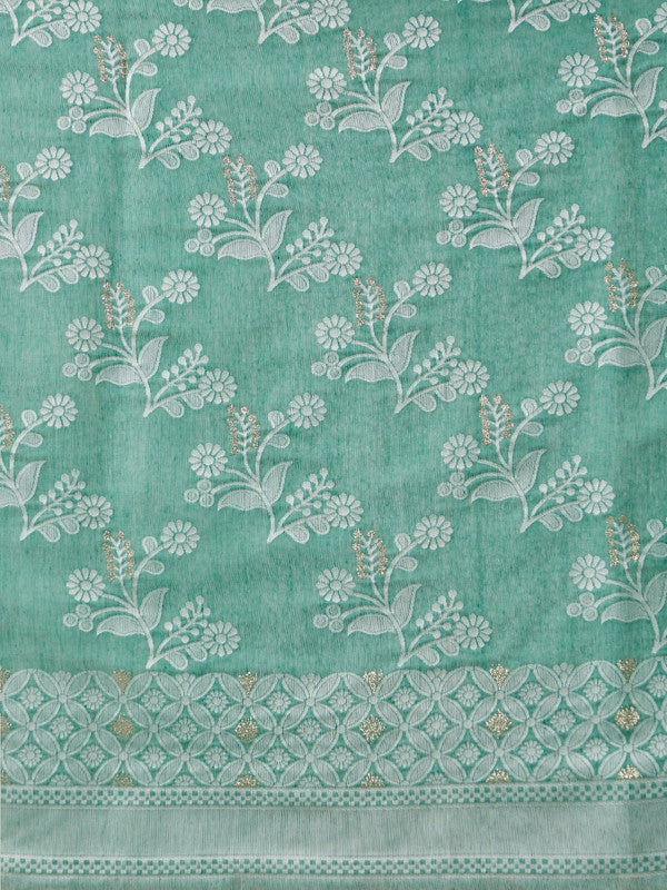 Turquoise Cotton Woven Zari Design Floral Saree with Unstitched Blouse - Hiral Fashion | Grocsy