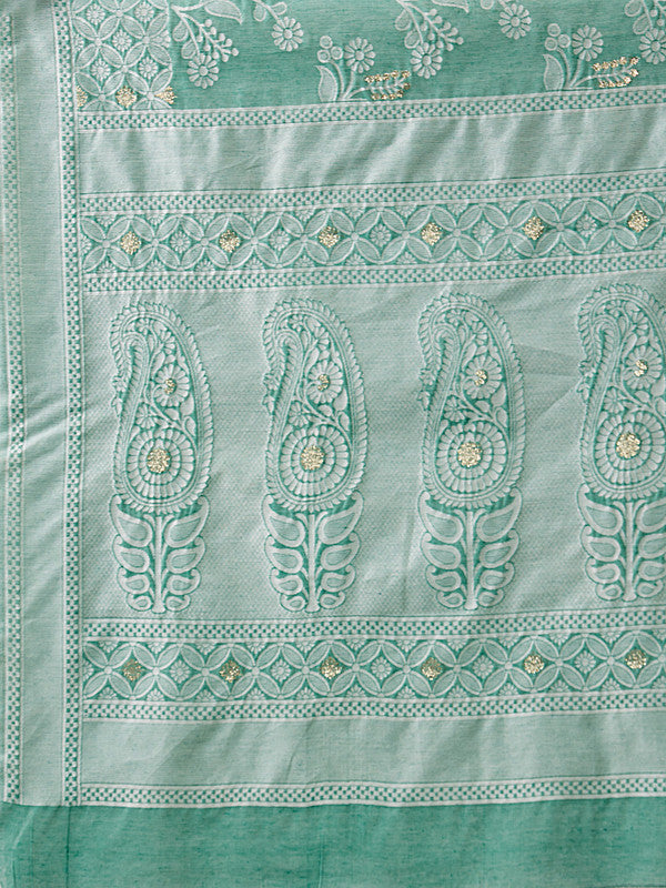 Turquoise Cotton Woven Zari Design Floral Saree with Unstitched Blouse - Hiral Fashion | Grocsy