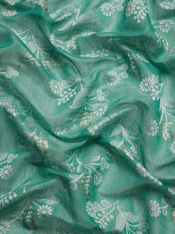 Turquoise Cotton Woven Zari Design Floral Saree with Unstitched Blouse - Hiral Fashion | Grocsy