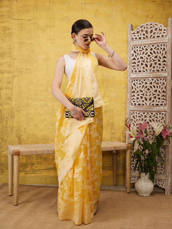 Yellow Cotton Woven Zari Design Floral Saree with Unstitched Blouse - Hiral Fashion | Grocsy