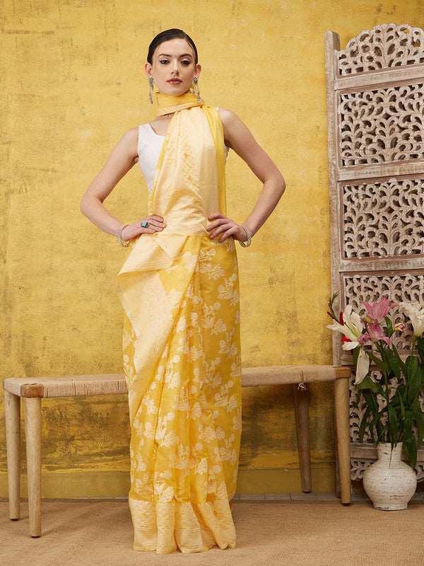 Yellow Cotton Woven Zari Design Floral Saree with Unstitched Blouse - Hiral Fashion | Grocsy
