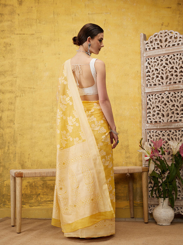 Yellow Cotton Woven Zari Design Floral Saree with Unstitched Blouse - Hiral Fashion | Grocsy