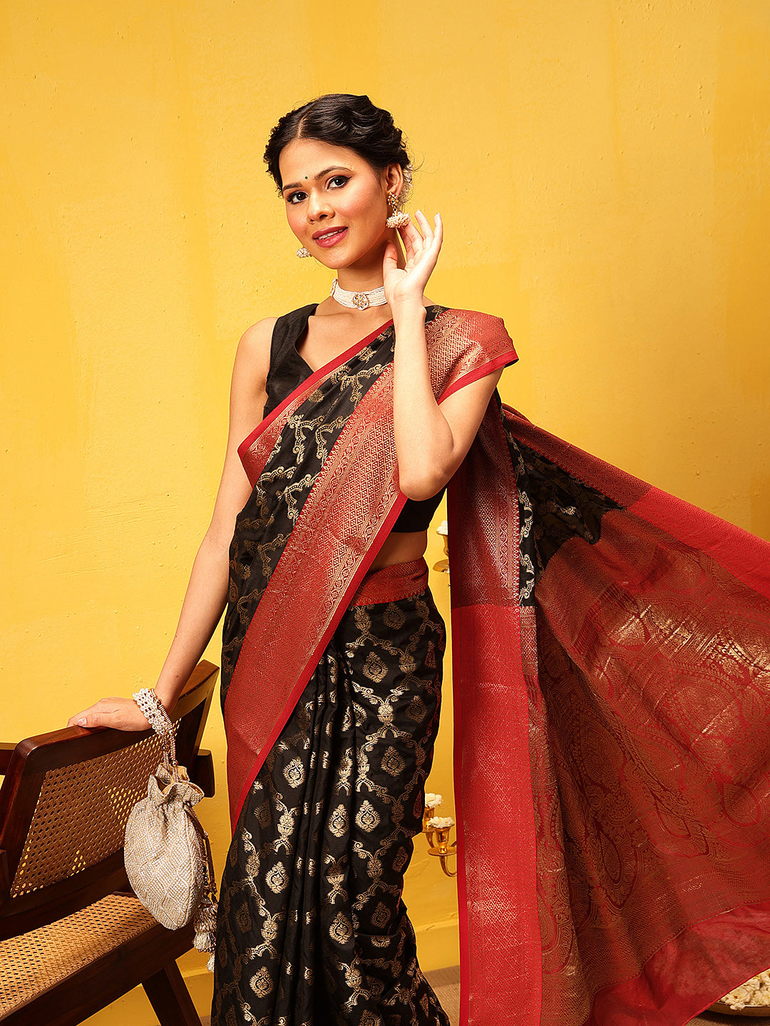 Hiral Fashion Black Banarasi Silk Woven Design Saree | Grocsy