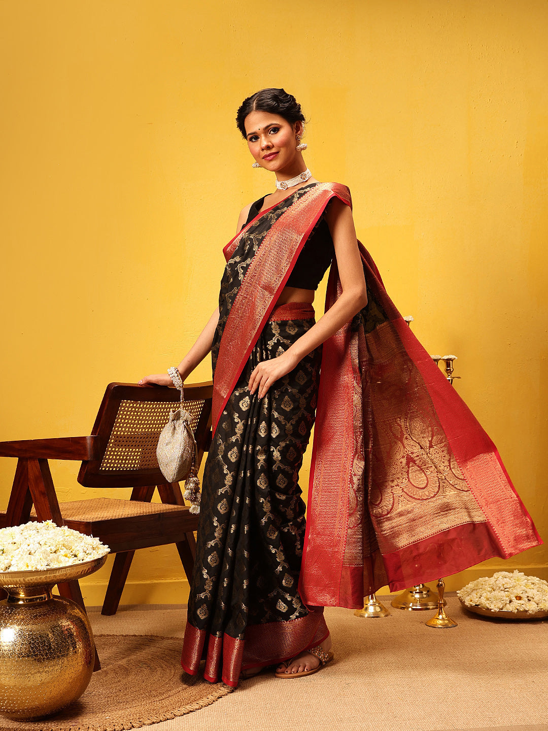 Hiral Fashion Black Banarasi Silk Woven Design Saree | Grocsy
