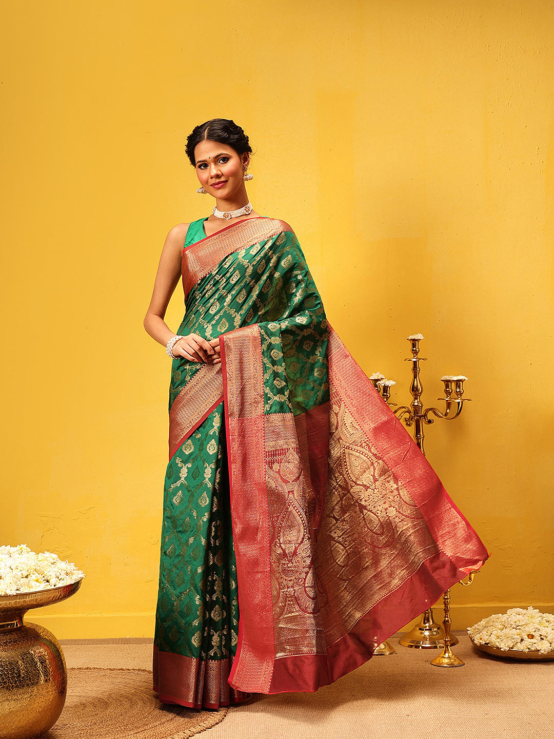 Hiral Fashion Green Banarasi Silk Woven Design Saree | Grocsy