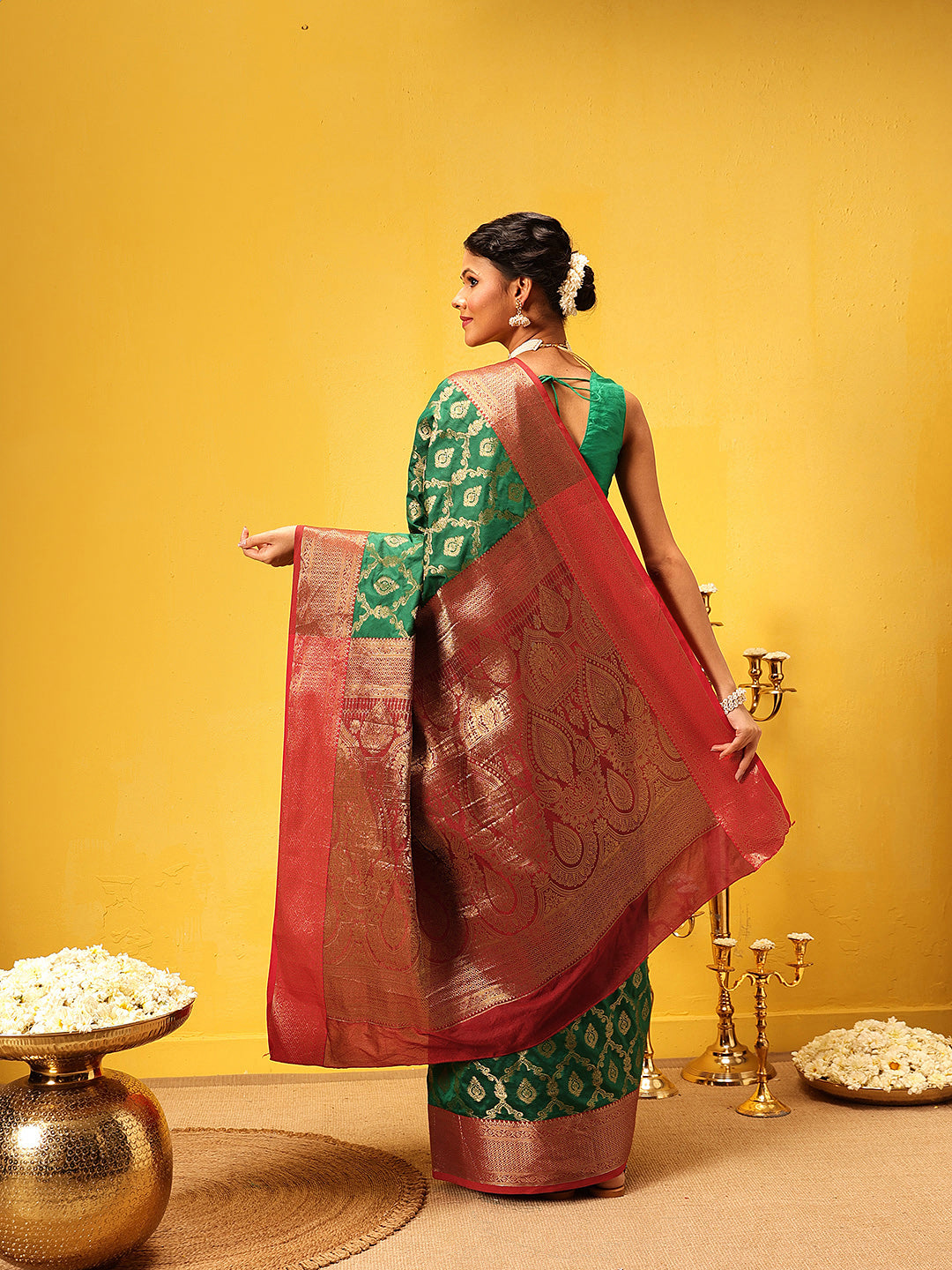 Hiral Fashion Green Banarasi Silk Woven Design Saree | Grocsy