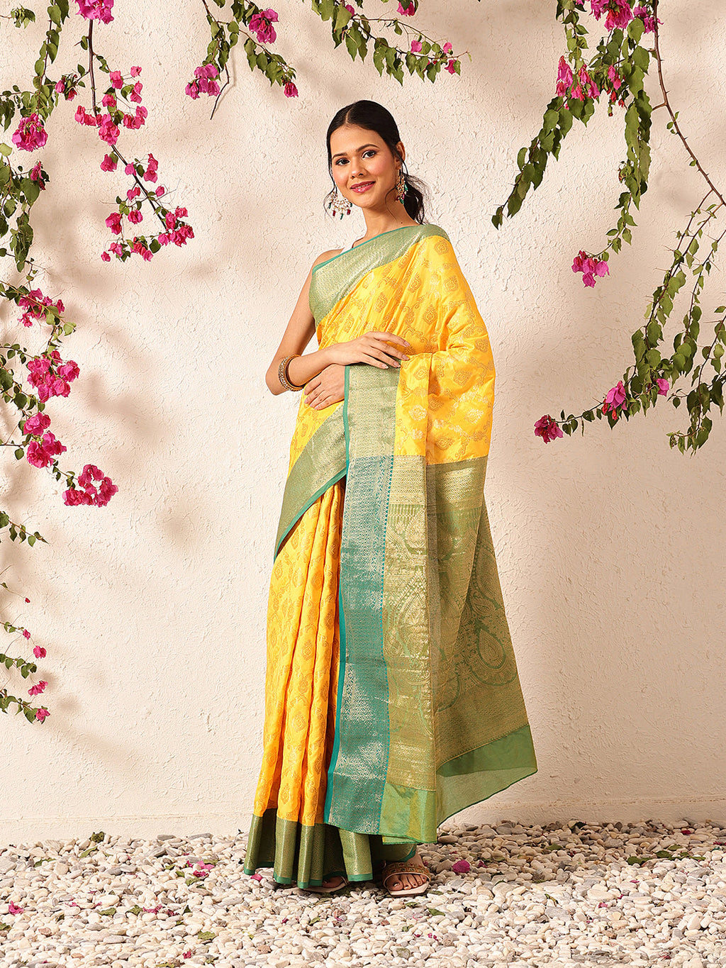 Hiral Fashion Yellow Banarasi Silk Woven Design Saree | Grocsy