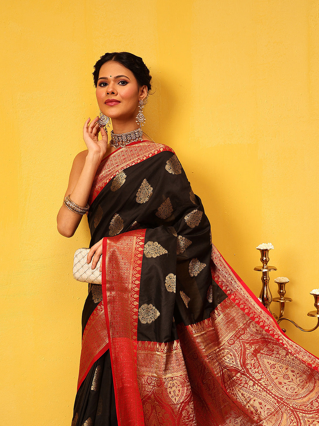 Hiral Fashion Black Banarasi Silk Woven Design Saree | Grocsy