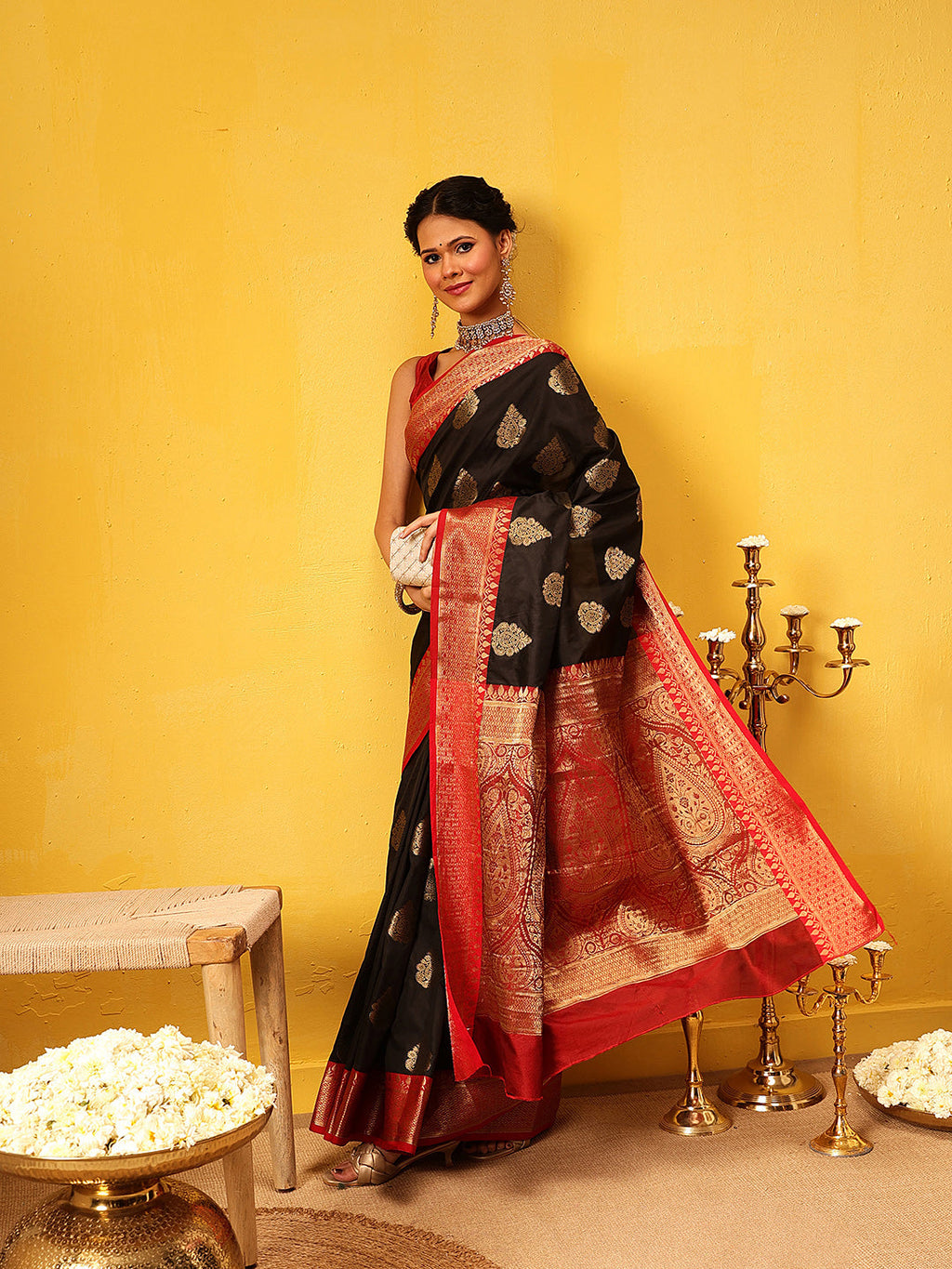 Hiral Fashion Black Banarasi Silk Woven Design Saree | Grocsy