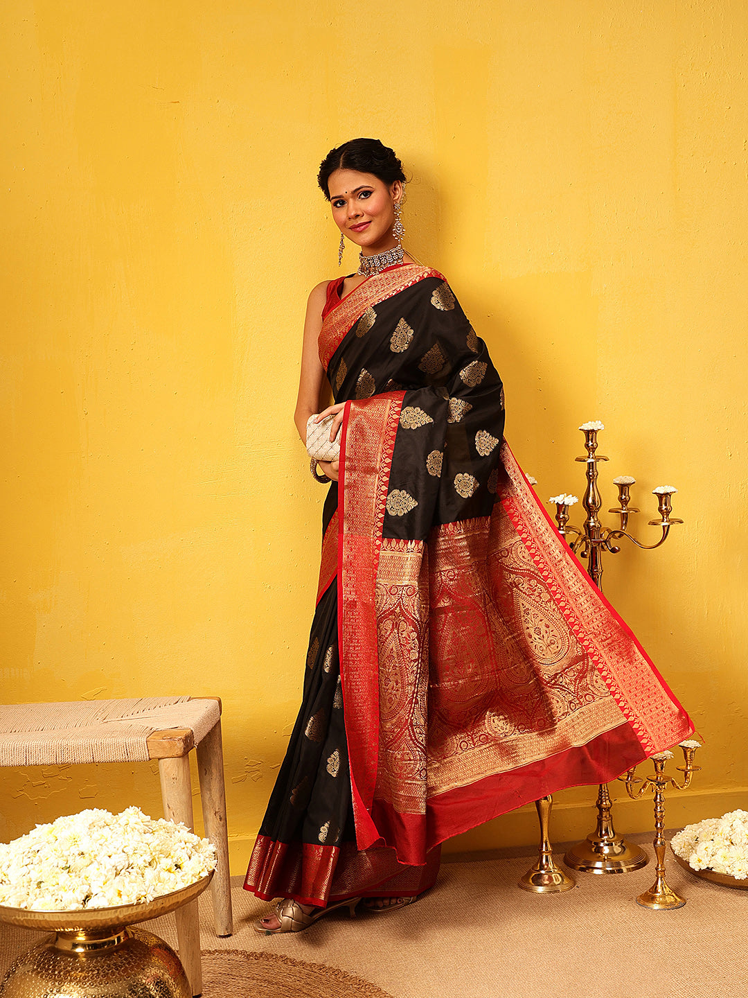 Hiral Fashion Black Banarasi Silk Woven Design Saree | Grocsy