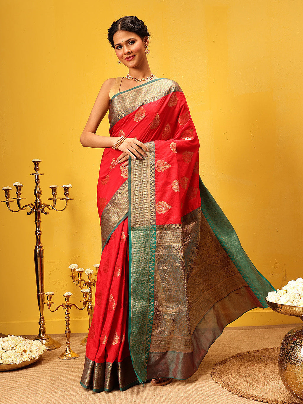 Hiral Fashion Red Banarasi Silk Woven Design Saree | Grocsy