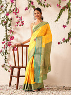 Hiral Fashion Yellow Banarasi Silk Woven Design Saree | Grocsy