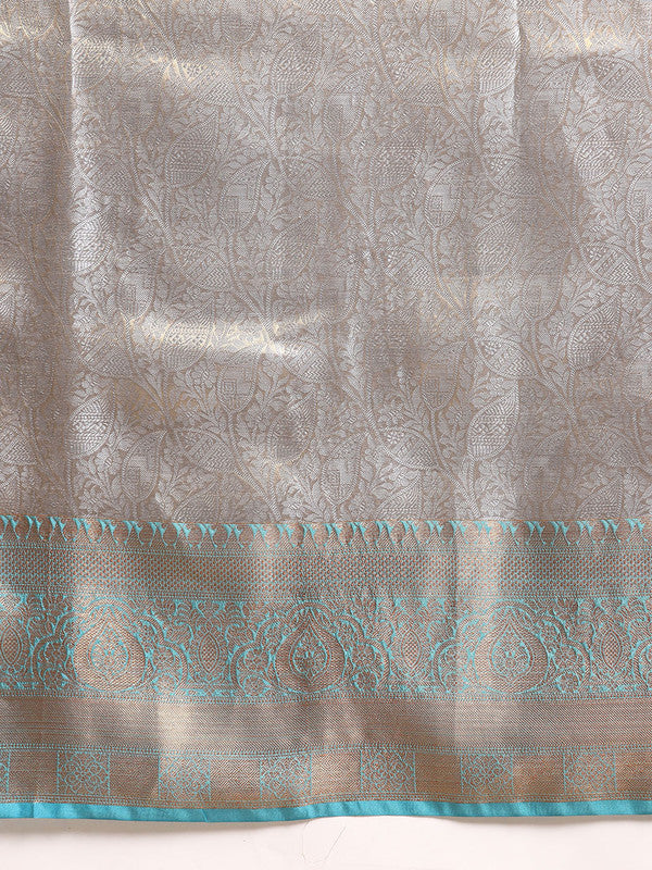 Blue Tissue Silk Woven Zari Design Floral Saree with Unstitched Blouse - Hiral Fashion | Grocsy