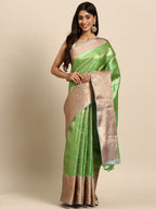 Green Tissue Silk Woven Zari Design Floral Saree with Unstitched Blouse - Hiral Fashion | Grocsy
