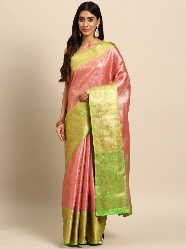 Pink Tissue Silk Woven Zari Design Floral Saree with Unstitched Blouse - Hiral Fashion | Grocsy