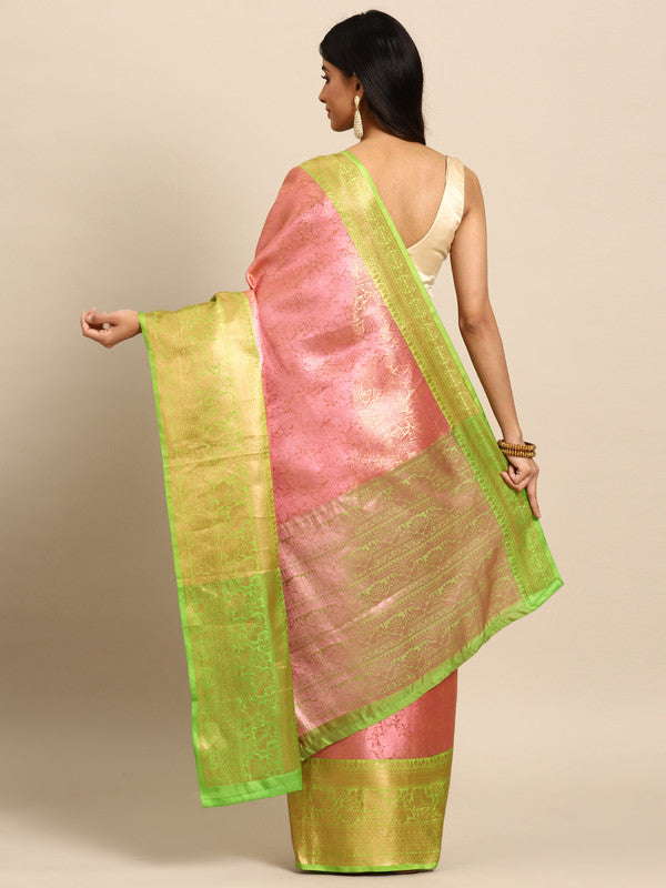 Pink Tissue Silk Woven Zari Design Floral Saree with Unstitched Blouse - Hiral Fashion | Grocsy