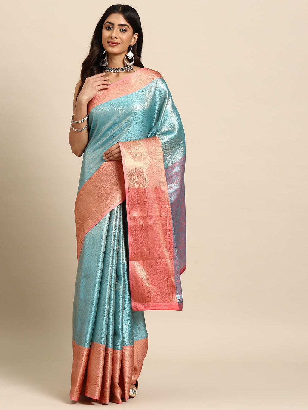 Turquoise Tissue Silk Woven Zari Design Floral Saree with Unstitched Blouse - Hiral Fashion | Grocsy