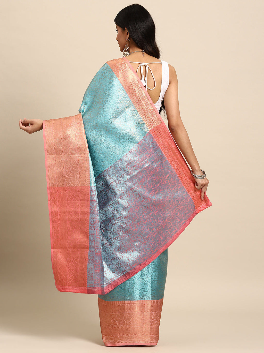 Turquoise Tissue Silk Woven Zari Design Floral Saree with Unstitched Blouse - Hiral Fashion | Grocsy