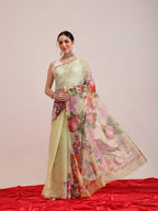 Hiral Fashion Olive Chanderi Cotton Blend Animal Print Digital Printed Saree | Grocsy