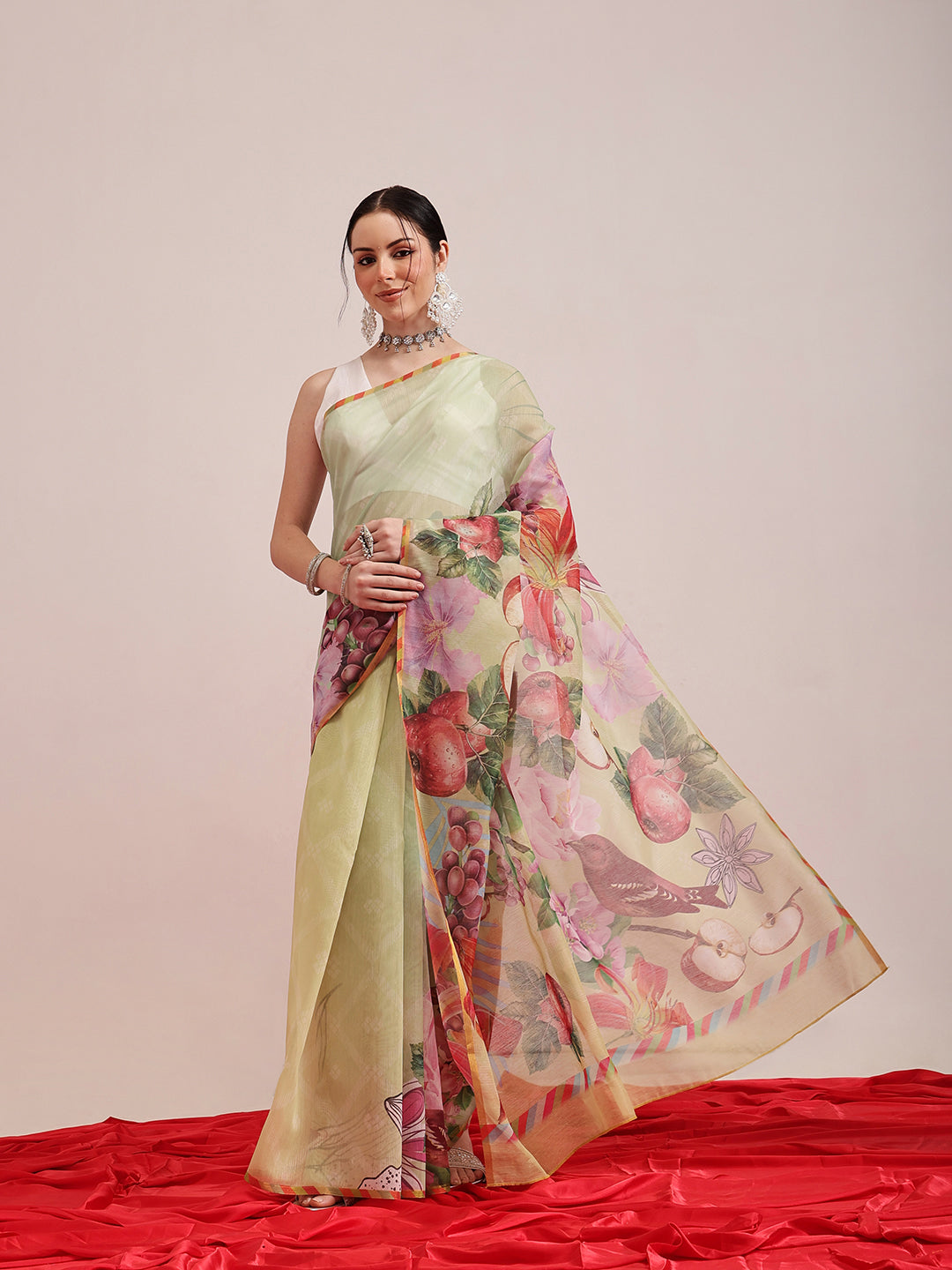 Hiral Fashion Olive Chanderi Cotton Blend Animal Print Digital Printed Saree | Grocsy