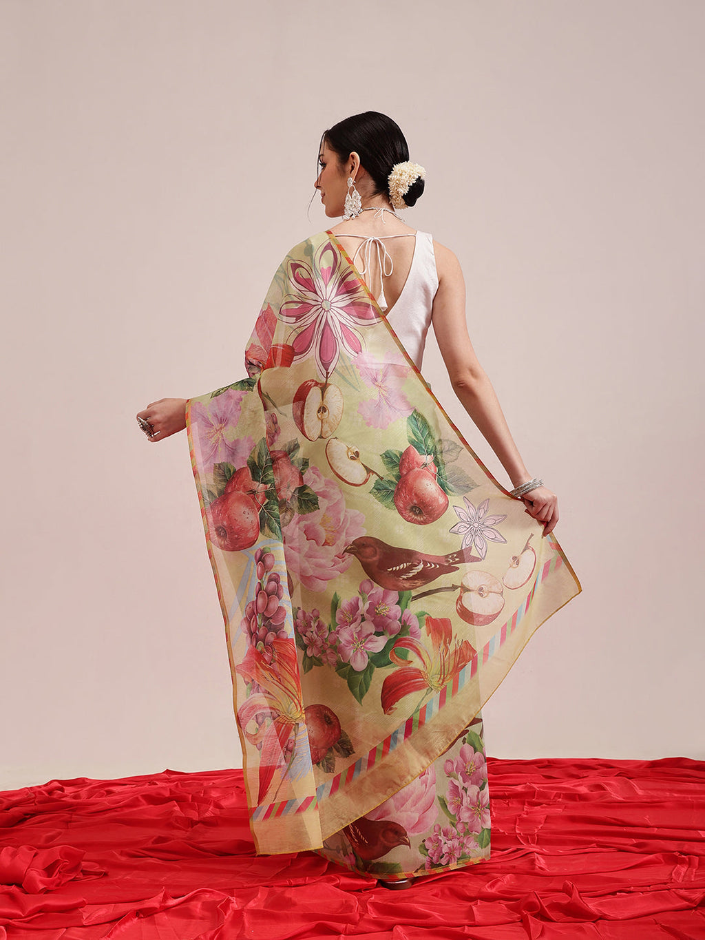Hiral Fashion Olive Chanderi Cotton Blend Animal Print Digital Printed Saree | Grocsy