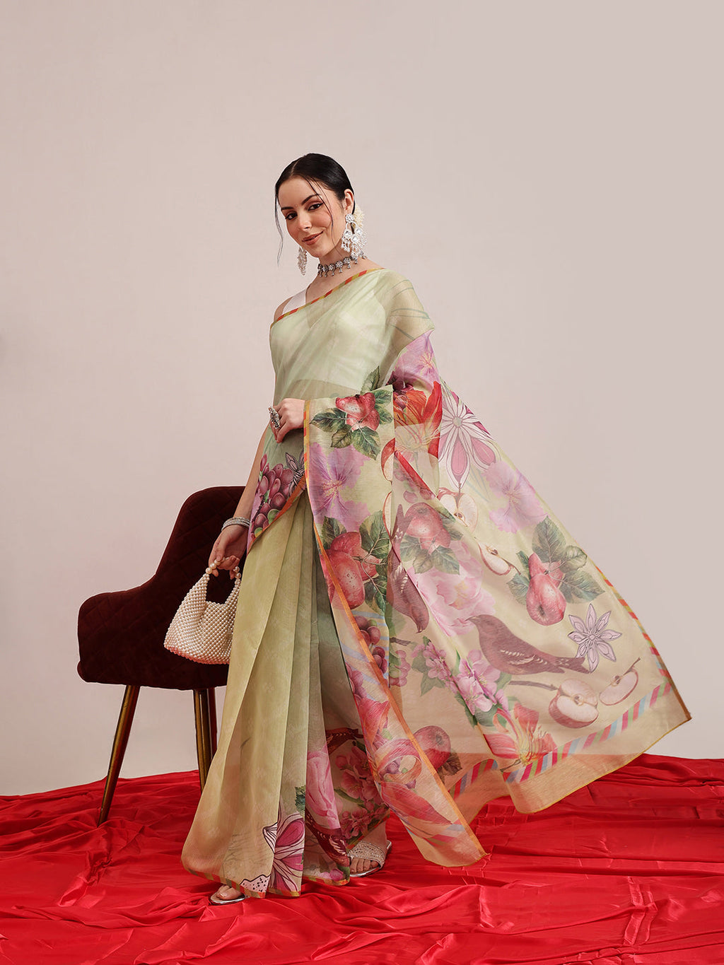 Hiral Fashion Olive Chanderi Cotton Blend Animal Print Digital Printed Saree | Grocsy
