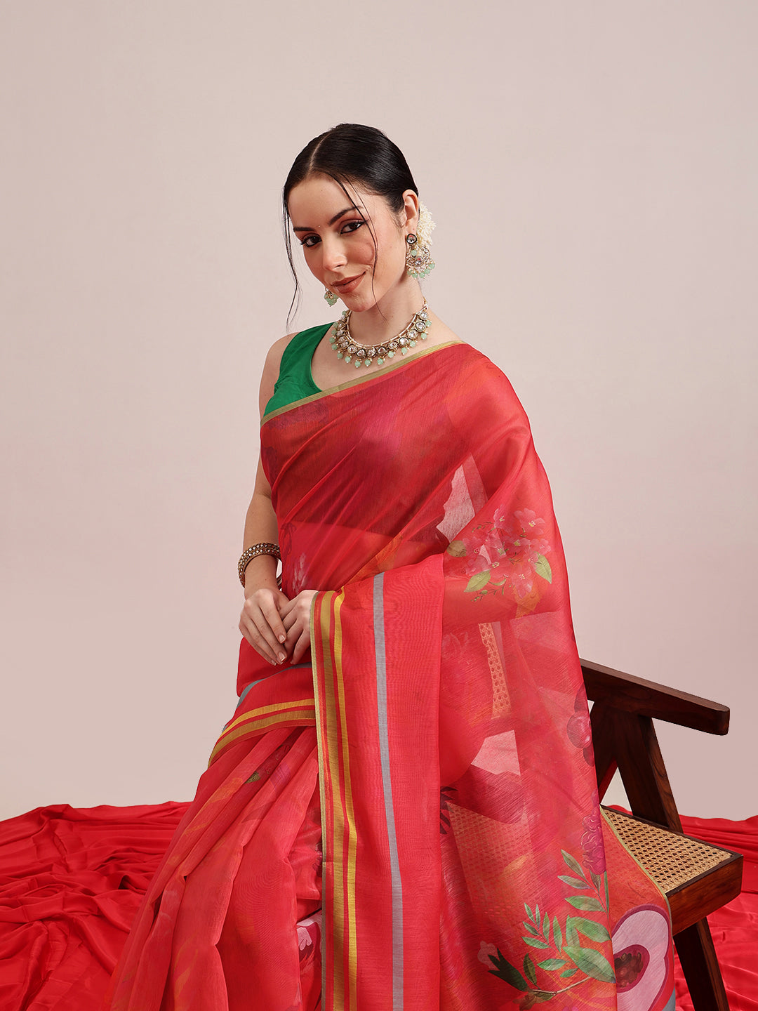 Hiral Fashion Red Chanderi Cotton Blend Fruits Digital Printed Saree | Grocsy