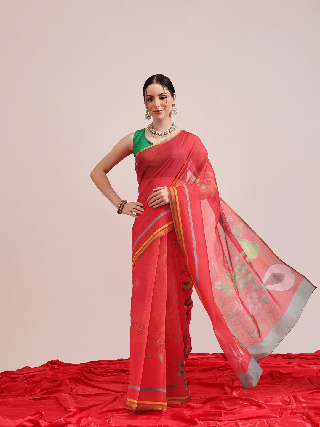 Hiral Fashion Red Chanderi Cotton Blend Fruits Digital Printed Saree | Grocsy