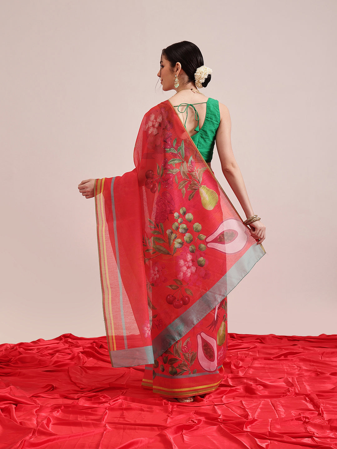 Hiral Fashion Red Chanderi Cotton Blend Fruits Digital Printed Saree | Grocsy