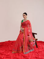 Hiral Fashion Red Chanderi Cotton Blend Fruits Digital Printed Saree | Grocsy