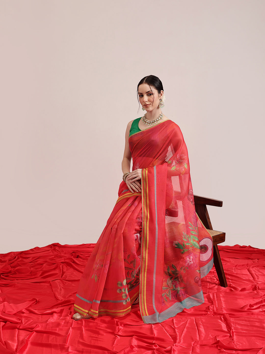 Hiral Fashion Red Chanderi Cotton Blend Fruits Digital Printed Saree | Grocsy