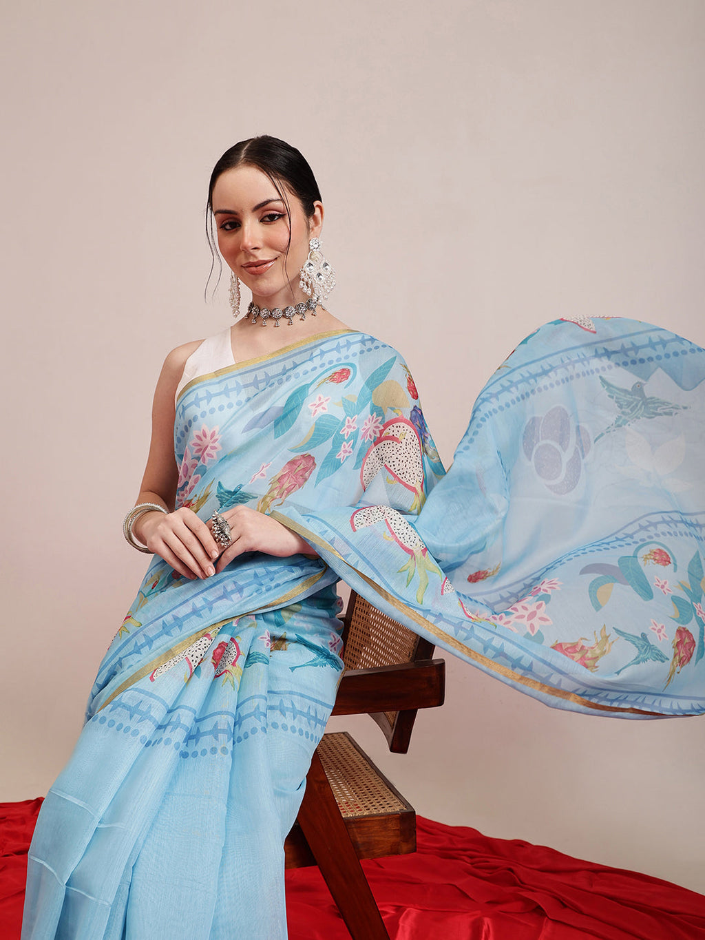 Hiral Fashion Blue Chanderi Cotton Blend Fruits Digital Printed Saree | Grocsy