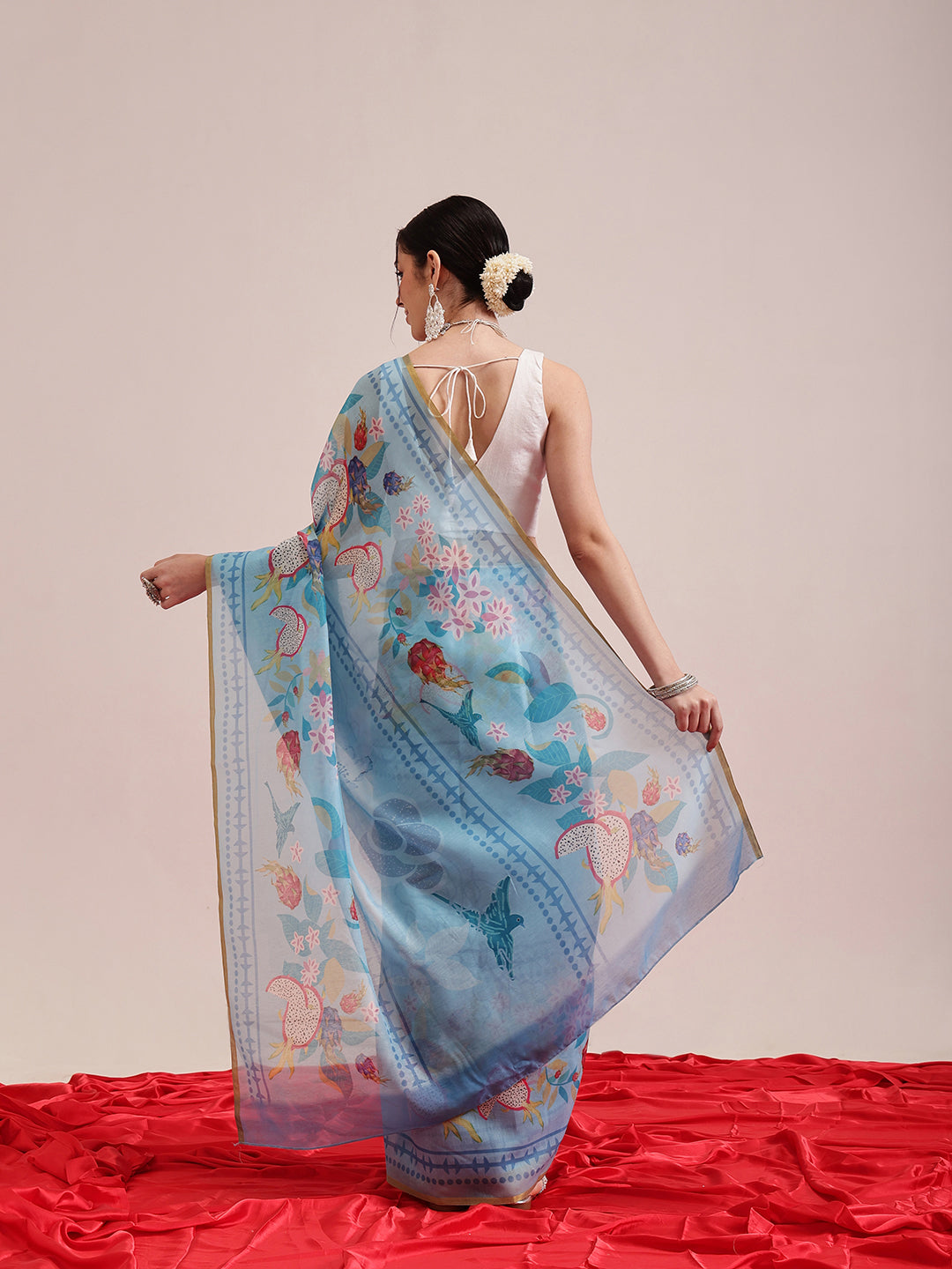 Hiral Fashion Blue Chanderi Cotton Blend Fruits Digital Printed Saree | Grocsy