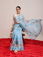 Hiral Fashion Blue Chanderi Cotton Blend Fruits Digital Printed Saree | Grocsy