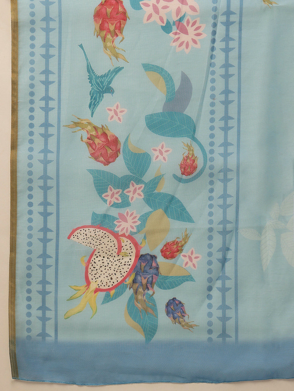 Hiral Fashion Blue Chanderi Cotton Blend Fruits Digital Printed Saree | Grocsy