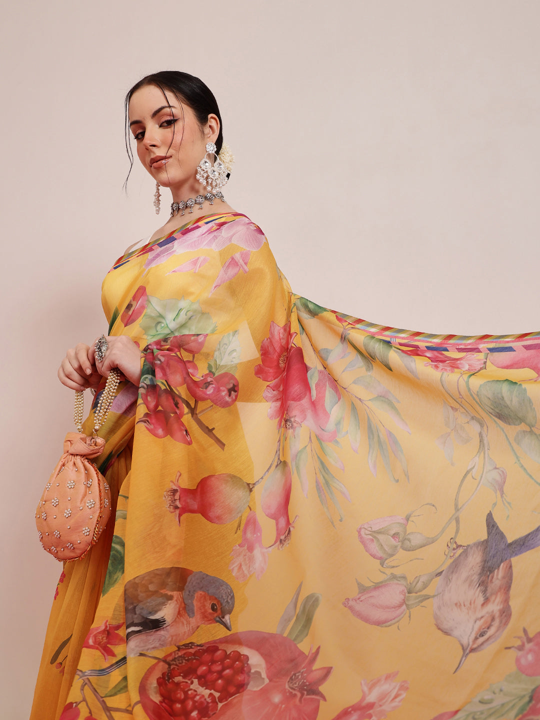 Hiral Fashion Yellow Chanderi Cotton Blend Fruits Digital Printed Saree | Grocsy