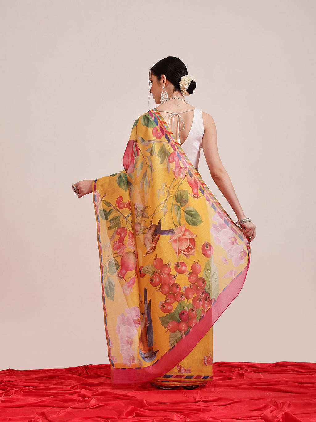 Hiral Fashion Yellow Chanderi Cotton Blend Fruits Digital Printed Saree | Grocsy