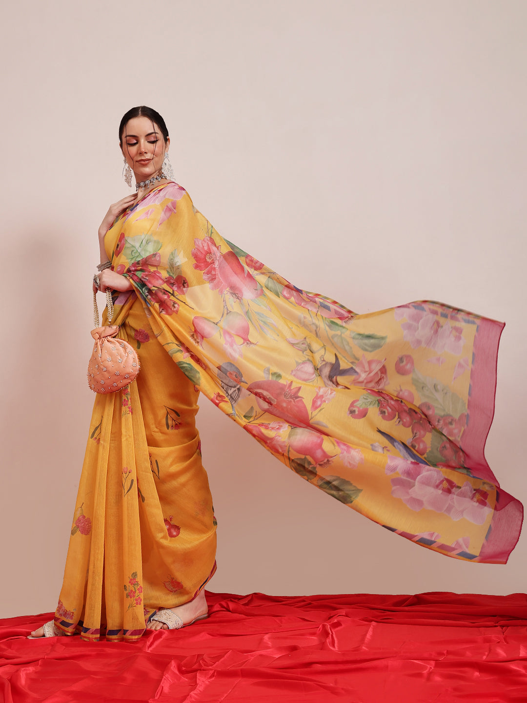 Hiral Fashion Yellow Chanderi Cotton Blend Fruits Digital Printed Saree | Grocsy
