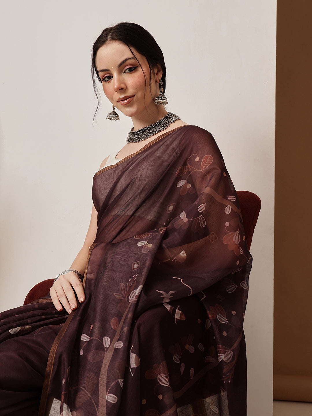 Hiral Fashion Brown Chanderi Cotton Blend Floral Digital Printed Saree | Grocsy