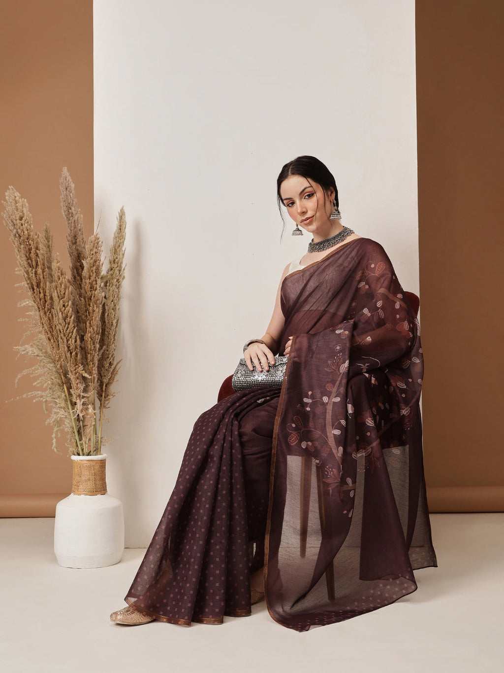 Hiral Fashion Brown Chanderi Cotton Blend Floral Digital Printed Saree | Grocsy