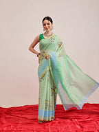 Hiral Fashion Green Chanderi Cotton Blend Animal Print Digital Printed Saree | Grocsy