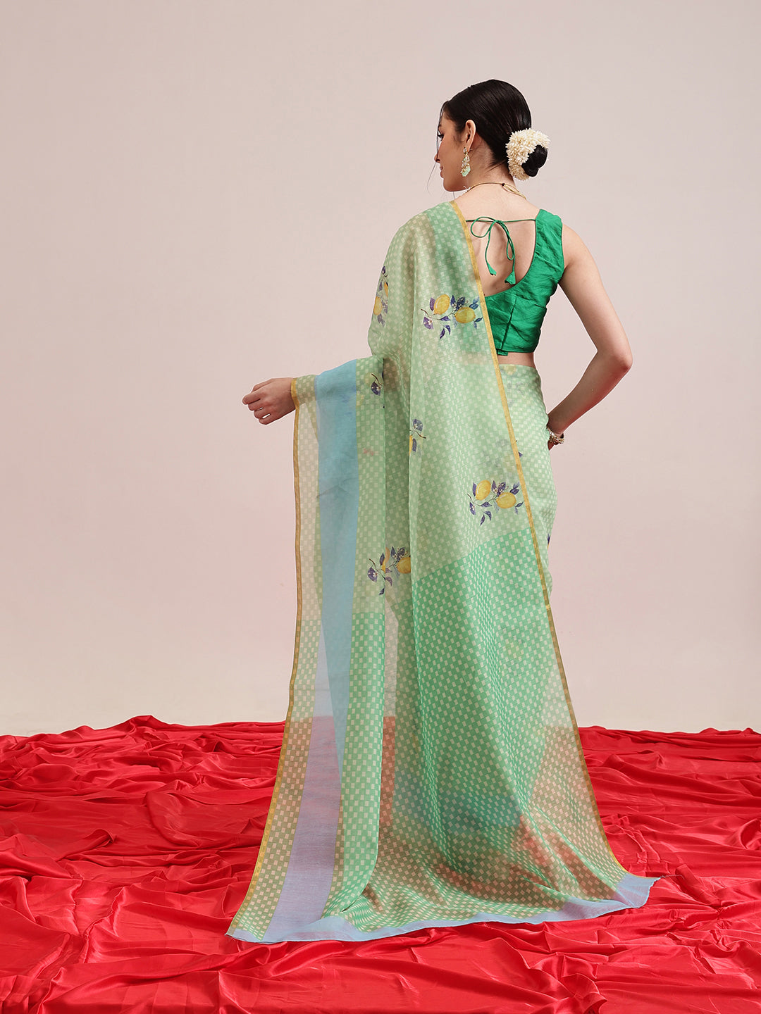 Hiral Fashion Green Chanderi Cotton Blend Animal Print Digital Printed Saree | Grocsy
