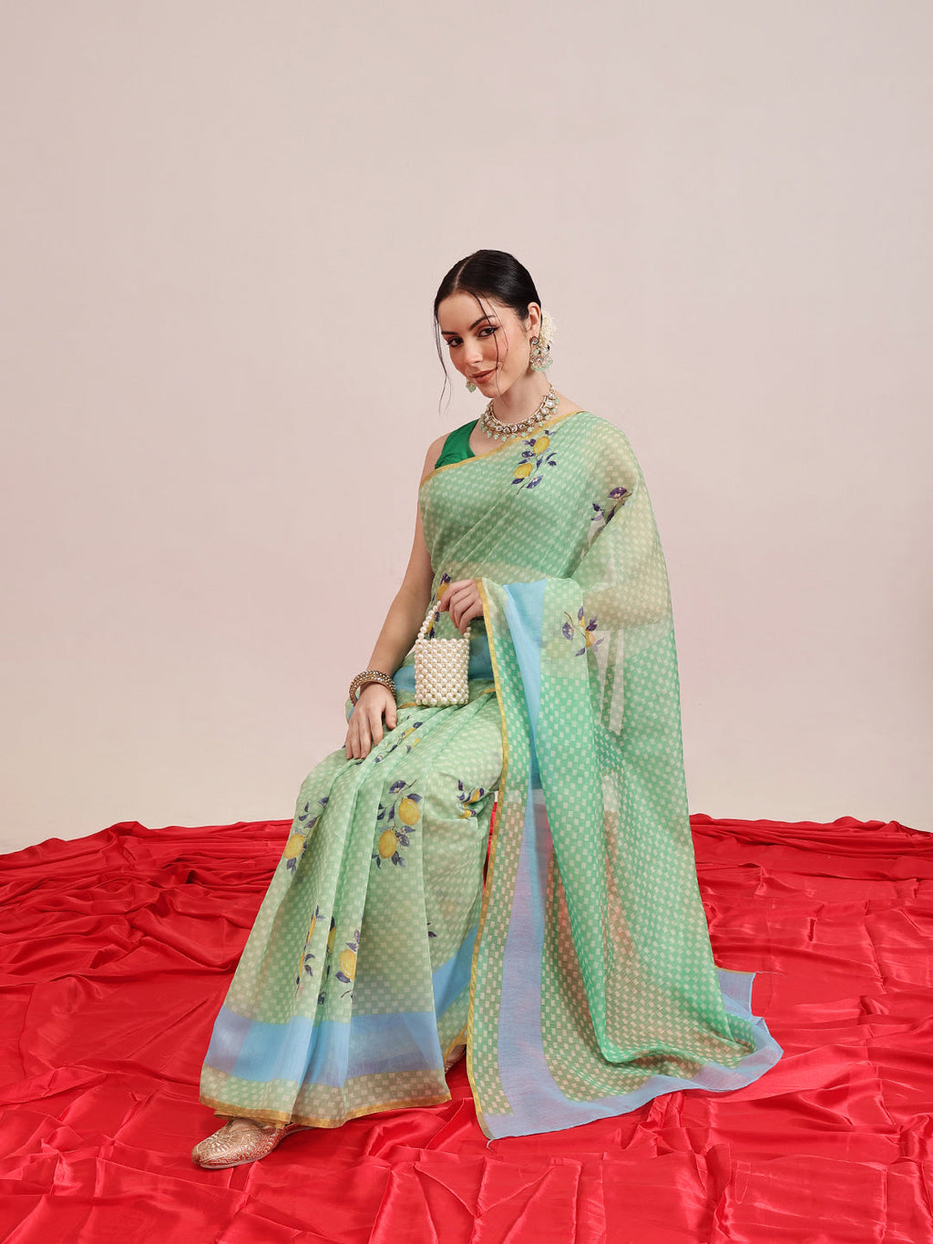 Hiral Fashion Green Chanderi Cotton Blend Animal Print Digital Printed Saree | Grocsy
