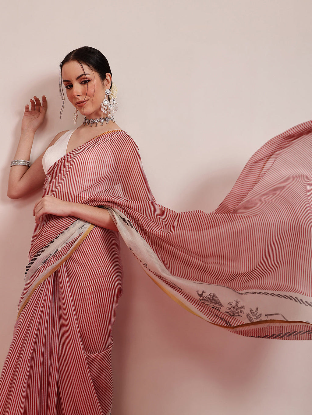 Hiral Fashion Maroon Chanderi Cotton Blend Stripes Digital Printed Saree | Grocsy