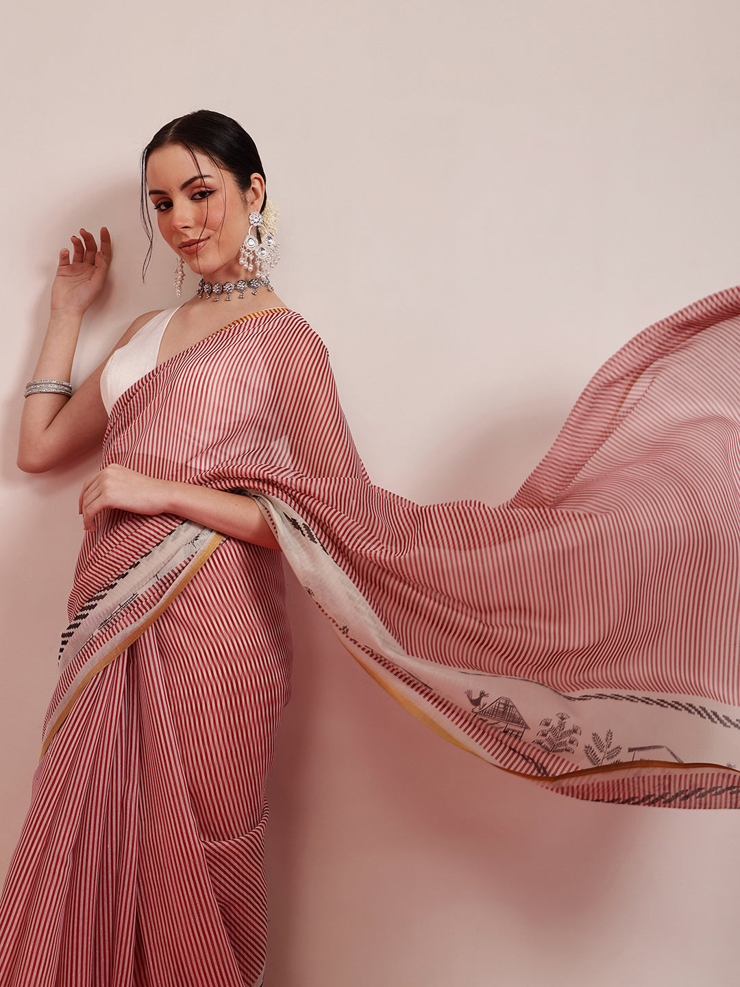 Hiral Fashion Maroon Chanderi Cotton Blend Stripes Digital Printed Saree | Grocsy