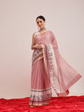 Hiral Fashion Maroon Chanderi Cotton Blend Stripes Digital Printed Saree | Grocsy