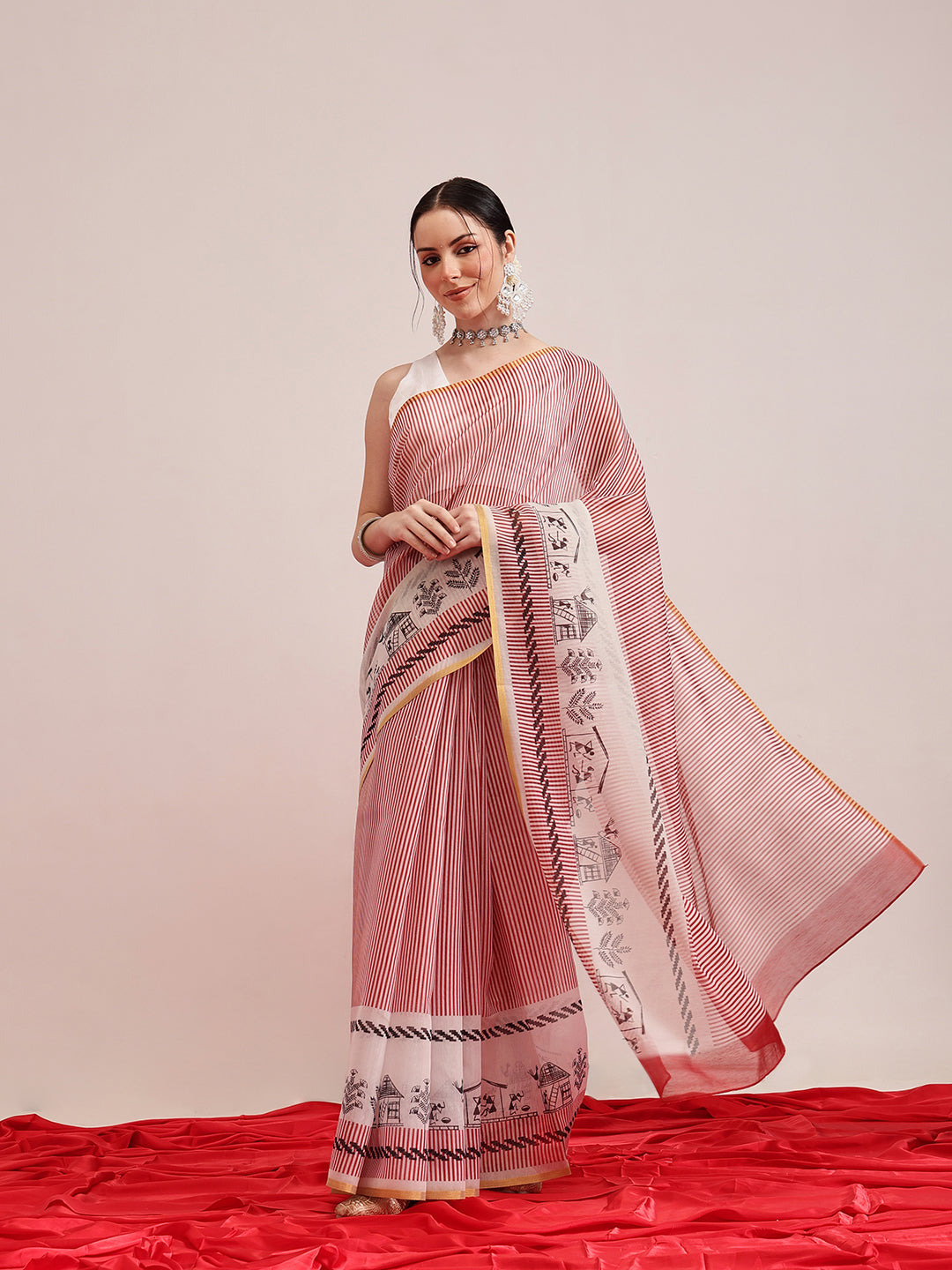Hiral Fashion Maroon Chanderi Cotton Blend Stripes Digital Printed Saree | Grocsy