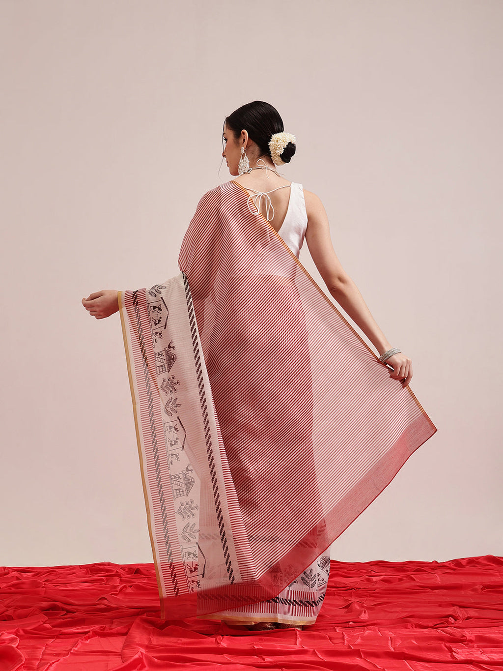 Hiral Fashion Maroon Chanderi Cotton Blend Stripes Digital Printed Saree | Grocsy
