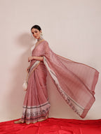 Hiral Fashion Maroon Chanderi Cotton Blend Stripes Digital Printed Saree | Grocsy