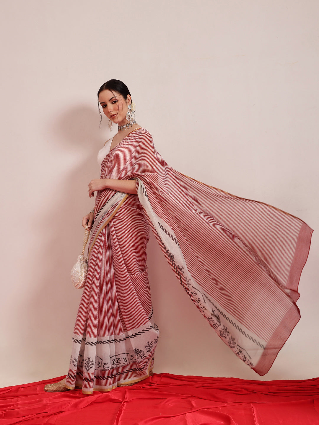 Hiral Fashion Maroon Chanderi Cotton Blend Stripes Digital Printed Saree | Grocsy